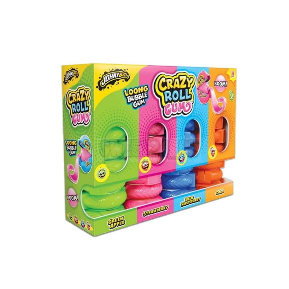 JohnyBee Crazy Roll Gum- Sabor-manzana verde-fresa-frambuesa- cola 36 piezas