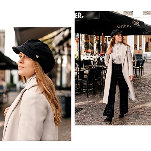 Jeff & Aimy Womens Newsboy Peaked Cap Visor Beret Winter Fashion Baker Boy Peaked Cap For Ladies Painter Newsy Cabbie Hat Satin Lined Black M #TOP1