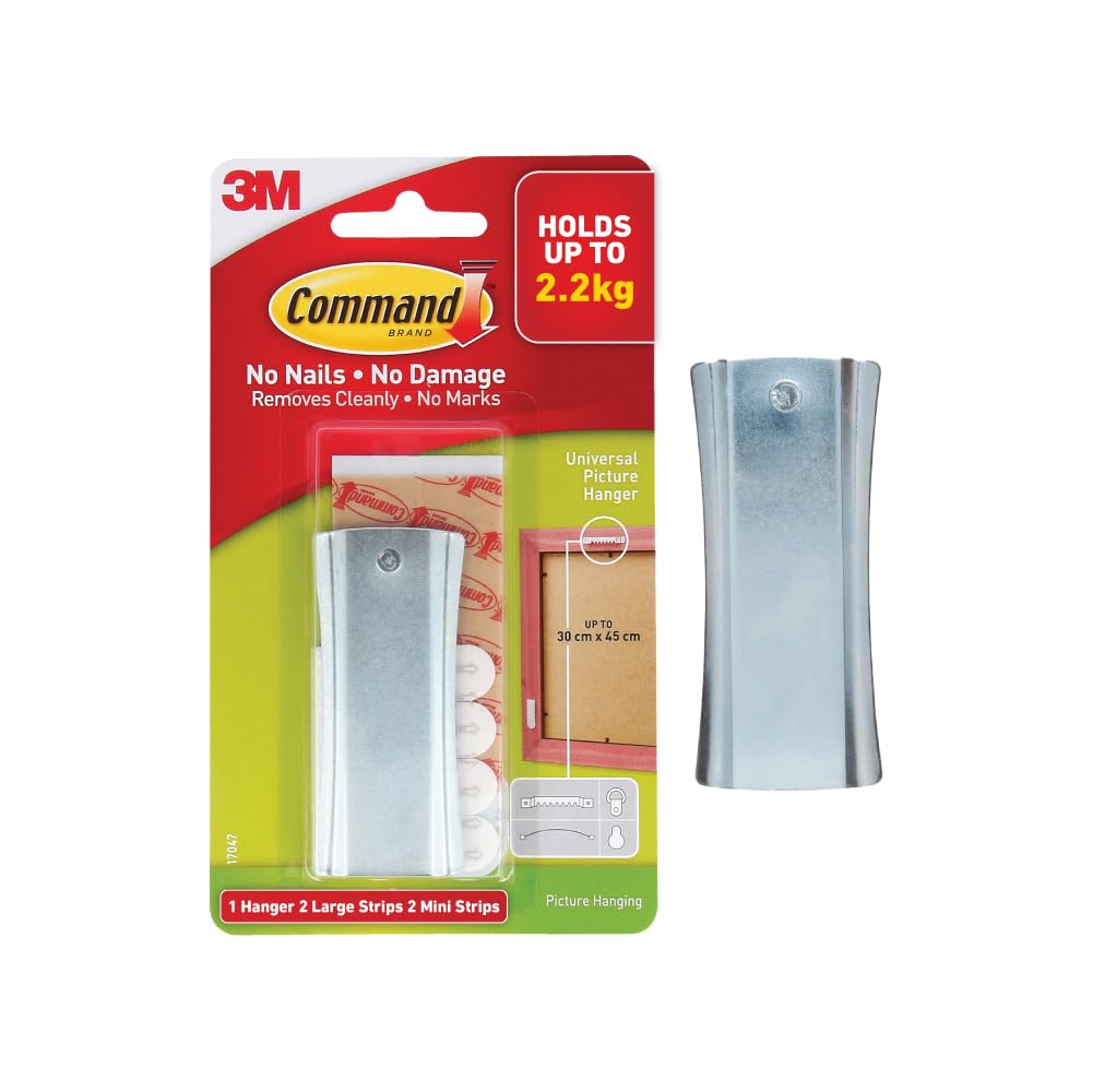 3M Command Universal Metal Picture Hanger, holds 2.2 kg, No Paint Damage, Holds Strongly, Adhesive hooks for wall, Reusable, Multi-surface (Silver, 3 hooks, 6 strips)