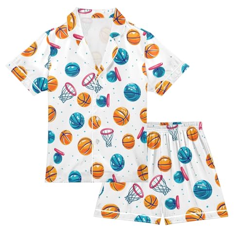 ALAZA Basketball Ball Polka Dot Satin Pajamas Set Short Sleeve Button Down Sleepwear Summer Pjs 2 Piece