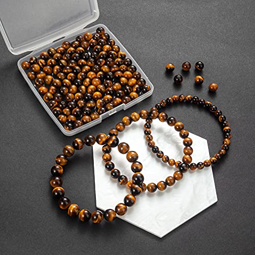 Image of 100Pcs Natural Stone Beads 8mm Yellow Tiger Eye Round Gemstone Loose Beads with Elastic Bracelet String for Bracelets Necklace Jewelry Making