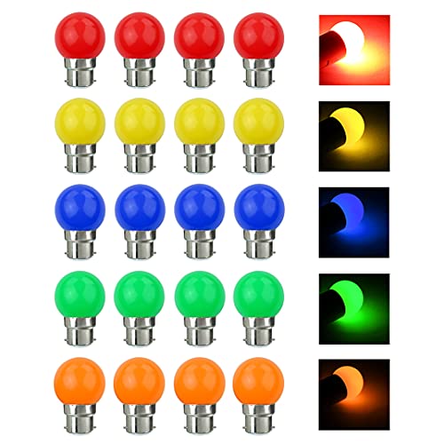 V-TOO LED 20 Pack Coloured Light Bulb B22 Bayonet LED Bulbs 3W Multi Colour Light Bulbs Mood Ambiance Lighting for Home Decoration Party Patio Christmas Effect Lights Red Blue Yellow Green Orange