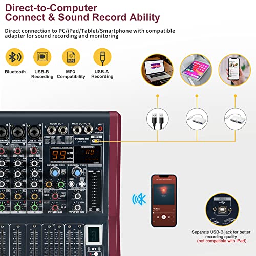 Professional Dj Audio Mixer, Phenyx Pro Sound Mixer, 6-Channel Sound Board Mixer Audio W/Usb Audio Interface, Usb-B Recording, Bt Function, 99 Dsp Effects, 3-Band Eq, For Studio, Stage (Ptx-20) #TOP4