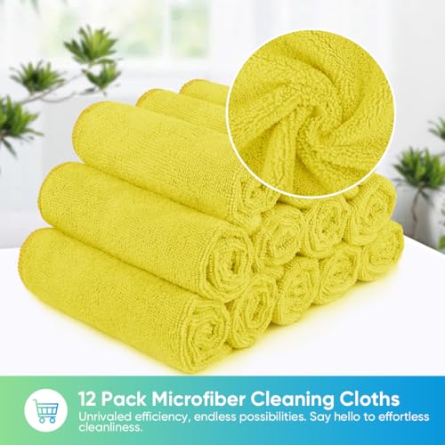 Image of HOMEXCEL Yellow Microfiber Cleaning Cloth, 12 Pack Premium Microfiber Towels for Cars, Lint Free, Highly Absorbent, Reusable Cleaning Rags for Car, Household, Kitchen, Window, 11.5 inchX11.5 inch