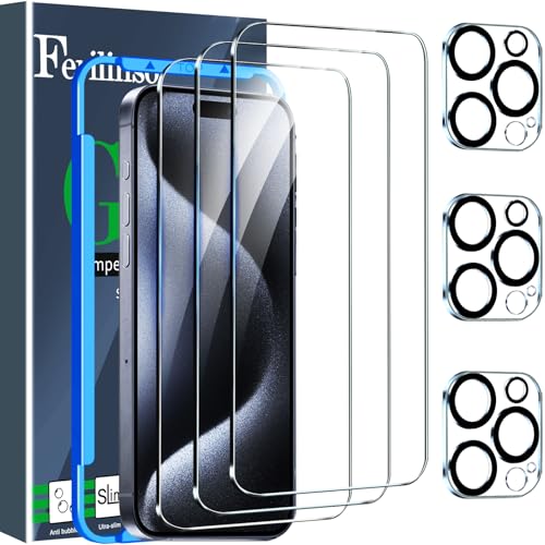 Ferilinso para Protector de Pantalla iPhone 15 Pro 4 Piezas HD Cristal Templado Accesorios 4 Piezas Protector de Lente de cámara Funda Amistoso Marco de montaje