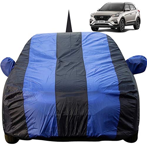 Image of Autofact Car Body Cover for Hyundai Creta with Mirror and Antenna Pocket (Light Weight, Triple Stitched, Heavy Buckle, Bottom Fully Elastic, Royal Blue Stripes with Navy Blue Color)