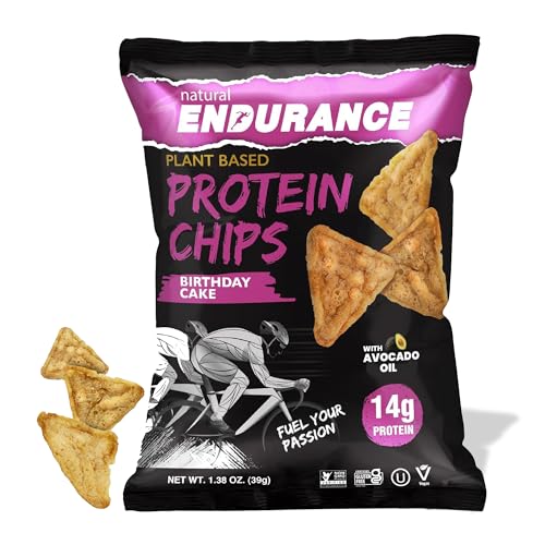 Natural Endurance Protein Chips - Low Carb Chips High Protein Snack Vegan Protein with Avocado Oil 14g Protein Per Bag Gluten Free Birthday Cake Flavor - 1.38 oz Bags (Pack of 12)