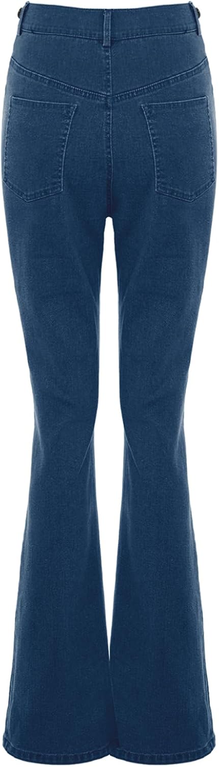 Maternity Bell-Bottom Denim Pants with Pockets Mid Waist Adjustable Side Waist Jean for Pregnant Women