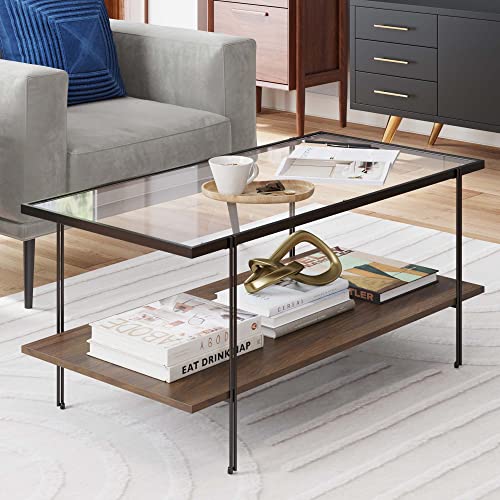 Image of Nathan James Asher Mid-Century Rectangle Coffee Table Glass Top and Wood Finish Storage Shelf with Matte Metal Legs, Warm Walnut /Black