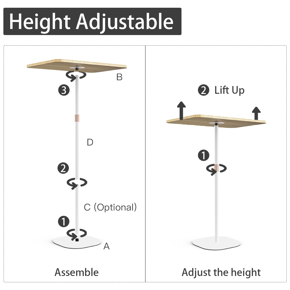 Escritorio de pie pequeño para laptop, mesa auxiliar de pedestal de altura ajustable con parte superior de madera, mesa auxiliar alta portátil para mesita de noche, sofá, sala de estar, dormitorio, 4
