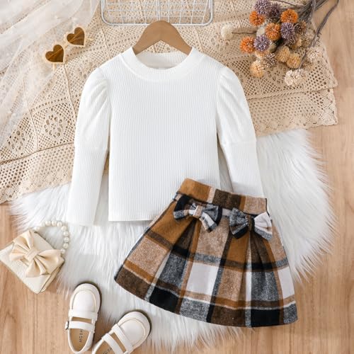 Image of Noubeau Toddler Girls Plaid Outfits Girls Puff Sleeve Knit Ribbed Shirt Tops Plaid Skirt Set Kids Fall Winter Clothes