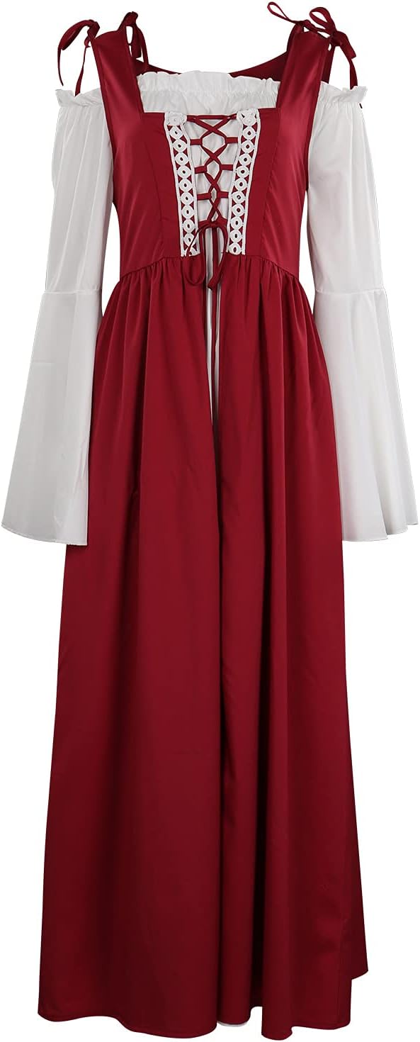 Women Medieval Costume Square Collar Bundle Waist Renaissance Vintage Retro Dress with Irregular Long Sleeve Floor Length Palace Royal Court Princess Costume, Wine, 3XL