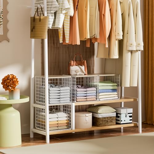 3PCS Stackable Closet Organizers and Storage, Closet Shelves with Wood Top Extra Storage, Clothes Storage Organizer Basket Bin/Cube for Home Wardrobe Organization(White-Sturdy Metal) Patent Pending - Thumbnail 7