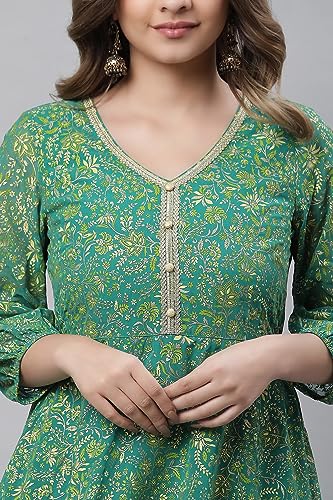Image of Aurelia Women's Poly Georgette Regular Fit Lush Meadow Floral Printed Flared Kurta