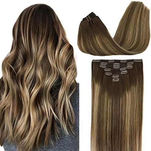 GOO GOO Clip-in Hair Extensions for Women, Soft & Natural, Handmade Real Human Hair Extensions, Chocolate Brown to Honey Blonde, Long, Straight ...