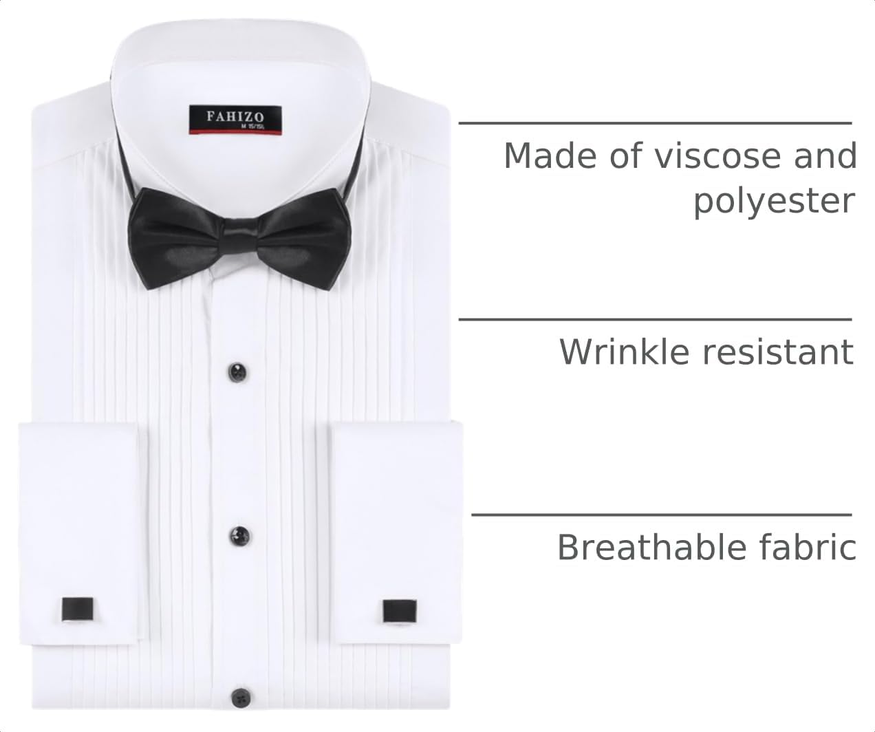 FAHIZO Men's White Tuxedo Shirt with Wing Collar, French Cuffs & Accessories image 4