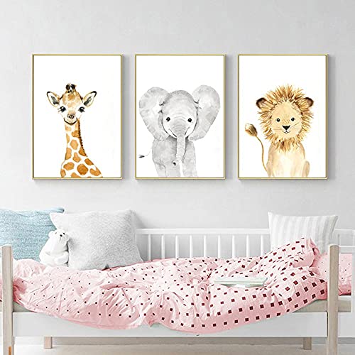 Bilder leinwand Nette Aquarell Wald Tier Bild Kinderzimmer Poster Leinwand Wand Kunstdruck Malerei Nordic Kinder Baby Schlafzimmer Dekoration 60x80cmx3 Ungerahmt Cover