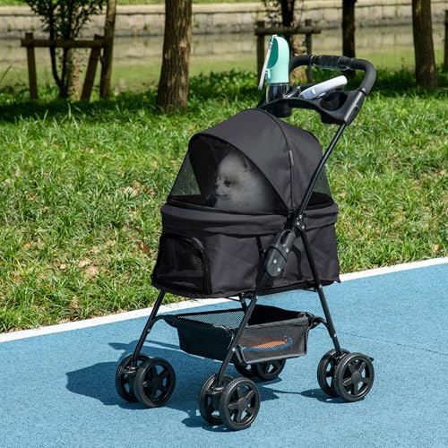PawHut Buggy faltbar Hund Katze Korb Aufbewahrung Getränkehalter Stoff 300D Oxford wasserdicht 4 Räder schwarz
