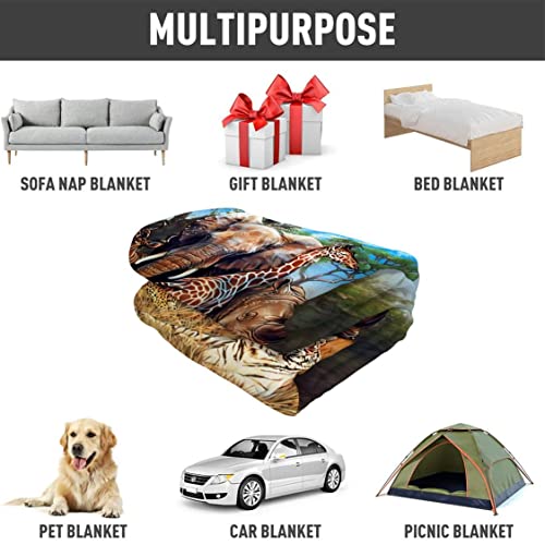 Yisumei African Safari Animal Blanket, Savanna Deer Elephant Giraffe Rhinoceros Lizard Tiger Leopard, Wildlife Theme Indoor And Outdoor Universal, 50"X60" #TOP4