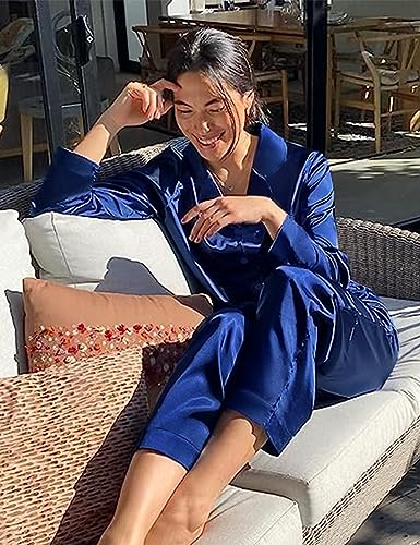 Image of SWOMOG Long Sleeve Pajamas Set Silk Satin Sleepwear Button Down Pjs Loungewear with Pocket