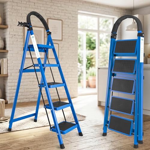 Image of Norman Jr Blue 5 Step Ladder for Home Use with Built-in Tool Tray | Heavy Duty D Shape Rods | Ultra Large Platform | Wide Rubber Feet | 150Kg Capacity Foldable Ladder - 7 Years Warranty