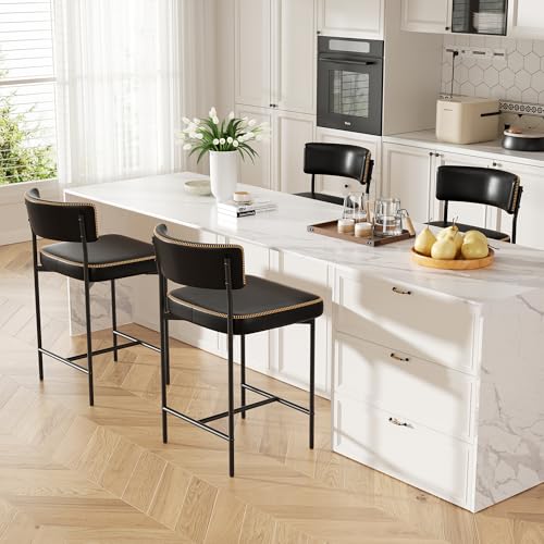 Image of Bar Stools Set of 3, Faux Leather Counter Height Barstools with Curved Back, 25 Inch Upholstered Bar Chairs, Modern Counter Stools for Kitchen lsland, Black