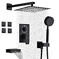 Shower System with Tub Spout, Matte Black Shower Faucet Set with 4 Hooks, High Pressure 10'' Rain Shower Head and Handheld Spray, Wall Mounted Shower Combo Set with Valve and Trim