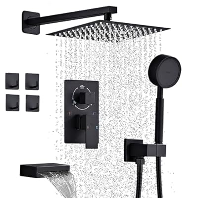 Shower System with Tub Spout, Matte Black Shower Faucet Set with 4 Hooks, High Pressure 10'' Rain Shower Head and Handheld Spray, Wall Mounted Shower Combo Set with Valve and Trim