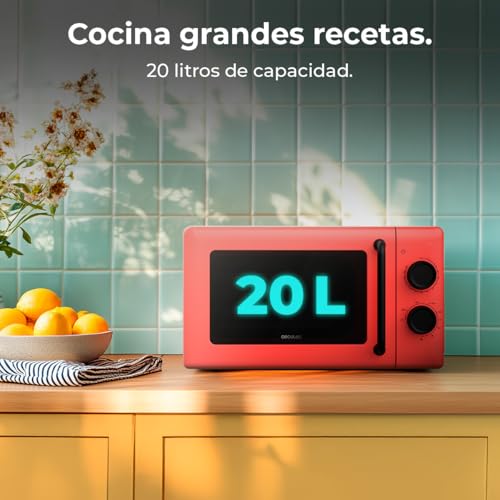 Cecotec Mechanische Mikrowelle mit Grill 20L Proclean 3110 Rot. 700W in 6 Stufen und 800W Grill, Auftaumodus, Garzeit-Endsignal, Innenleuchte, 30-Minuten-Timer, Rotes Design
