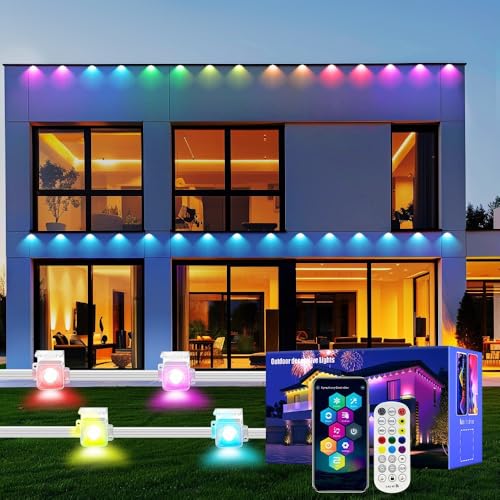 Image of Permanent Outdoor Lights, 200FT RGB LED Smart Eaves Lights with 120 LEDs, IP67 Waterproof, Remote /APP Control, DIY Scene Modes, Music Sync Lighting for Party, House, All Holiday Decorations