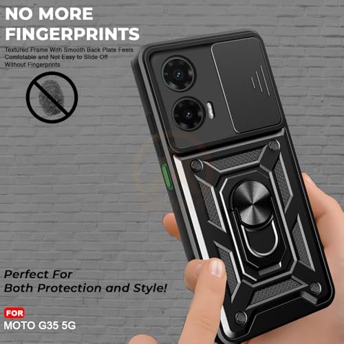 Image of Armor Bumper Back Cover Case for Motorola Moto G35 5G Rotating Camera Cover, Ring Holder & Kickstand | Heavy Duty & 360 Degree Protection Motorola Moto G35 5G Back Cover (Black)
