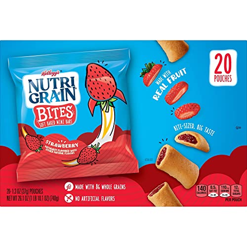 Nutri-Grain Bites Mini Breakfast Bars, Made With Whole Grains, Kids Lunch Snacks, Strawberry, 26.1Oz Box (20 Pouches) #TOP5