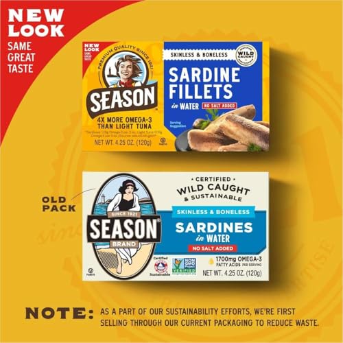 Image of Season Sardines in Water Skinless & Boneless, 4.25 Oz Tins, 6-Pack | No Salt Added, Wild Caught, 22g of Protein, Keto Snacks, More Omega 3's Than Tuna, Kosher, High in Calcium, Canned Sardines