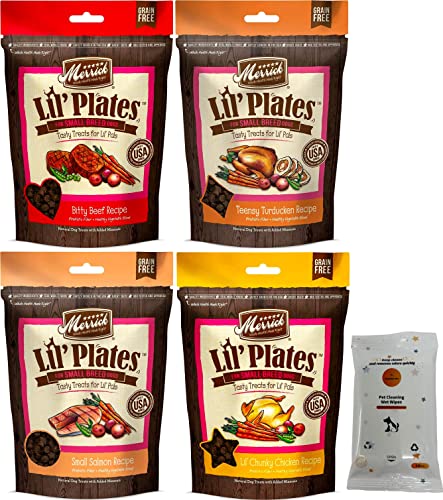 Aurora Pet Variety Pack (4) Merrick Lil' Plates Grain Free Small Breed Dog Treats (1) Salmon (1) Beef (1) Chicken (1) Turducken (5-Oz Each) With Aurorapet Wipes #TOP11