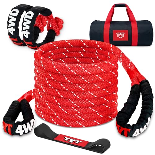 TYT Kinetic Recovery Rope,(1in x 30ft Red) 48,500lbs Snatch Strap, Heavy Duty Stretch Nylon Towing Ropes for Offroad Vehicle, Jeep, SUV, ATV, UTV, Tractor Elastic
