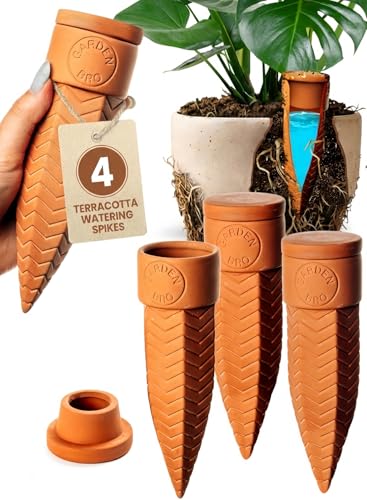 4pc Olla Watering Spikes For Plant Watering With Lids - Automatic Terracotta Self Watering Spikes For Indoor Plants & Outdoor - Terracotta Watering Spikes For 8 Pots Or Larger Water Plants While Away