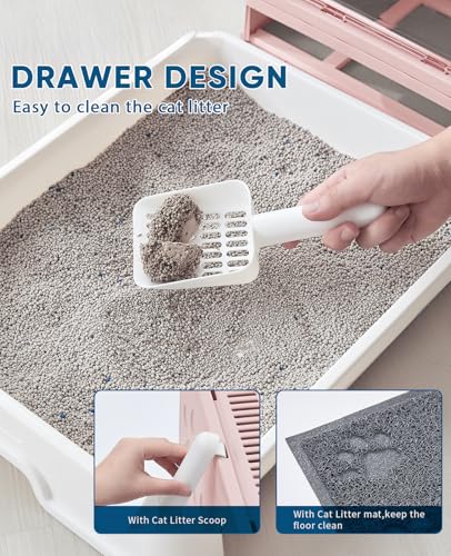 Image of Medario Cat Litter Box with Litter Mat and Scoop, Large Covered Litter Box with Lid, Enclosed Kitty Box, Front Entry Top Exit, Odor Control, Easy to Clean (Pink)