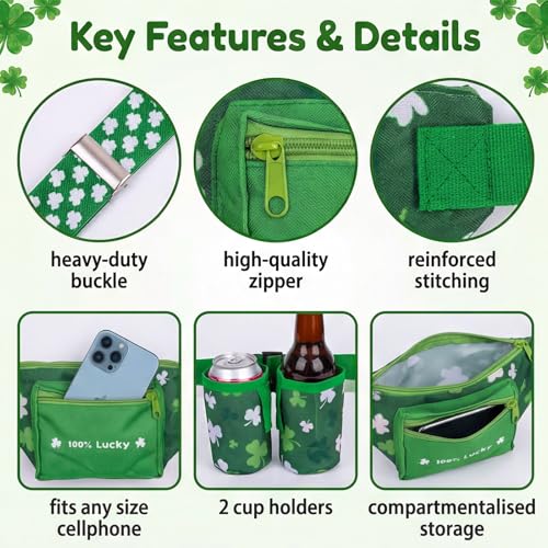 St. Patrick's Day Fanny Pack Shamrocks Beverage Beer Belt Costume Accessories Set with Drink Holder Irish Green Hat Wristband Outfits (Green) by Yi-gog - Image 4