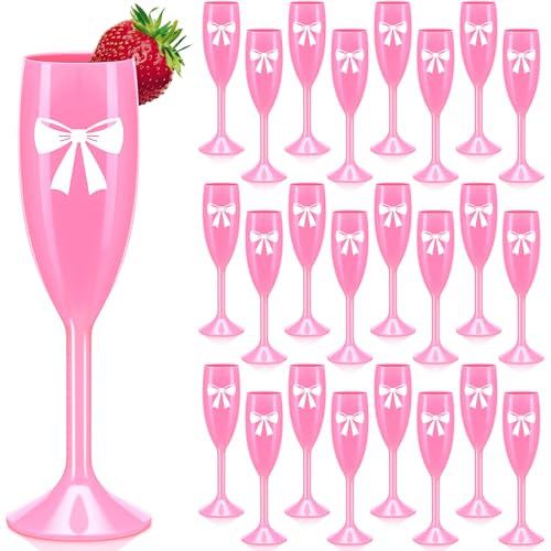 24 Pcs Pink Bow Champagne Flutes 6 oz Coquette Plastic Wine Glass...