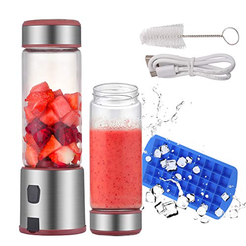 Portable Blender Glass, TOPQSC USB Rechargeable 5200mAh Personal Blender 15oz for Shakes with 2 Lids, Smoothies and Baby Food with Travel