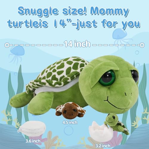 Image of Turtle Stuffed Animals with 3 Babies, 14 inch Sea Turtle Plush, Green