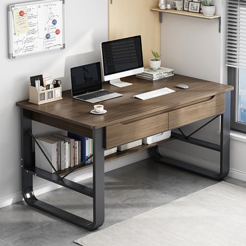 Escritorio de computadora con estantes y cajones de almacenamiento, escritorio moderno para juegos, mesa de madera con marco de metal, mesa de estudio, estación de trabajo para oficina en casa