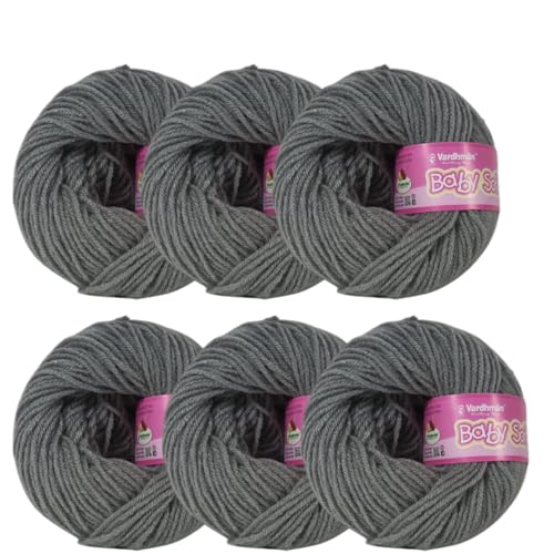 Image of Vardhman Baby Soft Yarn Pack of 6 - 4-Ply Acrylic Wool 150g Total | Soft Yarn for Knitting & Crocheting Baby Blankets, Sweaters, Toys & Accessories | 86m per 25g Ball (1, Grey)
