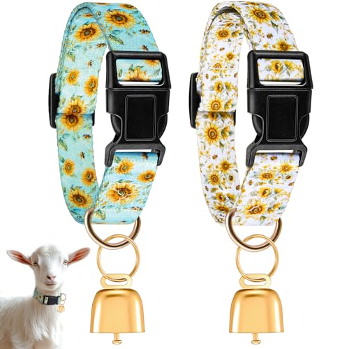 Image of Talltalk 2 Pack Goat Collars with Bells Grazing Copper Bell and Adjustable Nylon Collar Set Loud Bronze Bell for Farm Sheep Cow Sheep Dog Accessories Goat Owner Gift(Sunflower)
