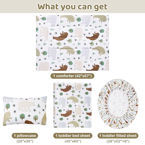 Image of lasoftan Toddler Bedding Set, Toddler Bed Comforter Sets for Girls, Toddler Bed Set, Forest Bear Printed