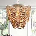iMeshbean Large 25.5 inch Boho Chandelier Wood Beaded Chandelier Light Fixture Bohemia Draped Bead Chandelier Rustic Farmhouse Ceiling Light Fixture for Dinning Room Bedroom Living Room (Oak)