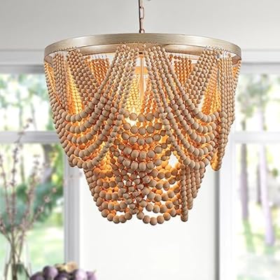 iMeshbean Large 25.5 inch Boho Chandelier Wood Beaded Chandelier Light Fixture Bohemia Draped Bead Chandelier Rustic Farmhouse Ceiling Light Fixture for Dinning Room Bedroom Living Room (Oak)