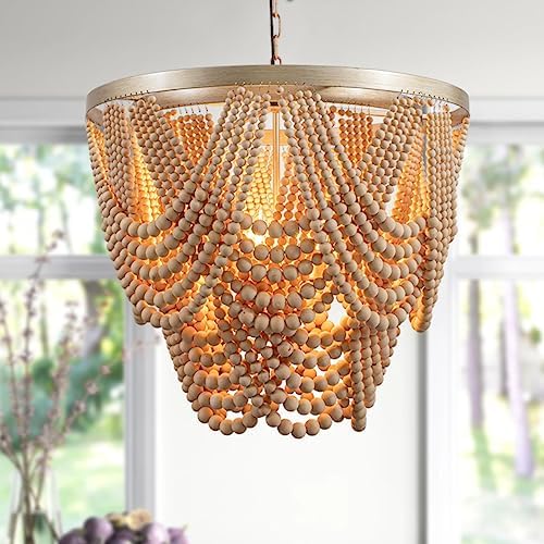 Large 25.5 inch Boho Chandelier Wood Beaded Chandelier Light Fixture ...
