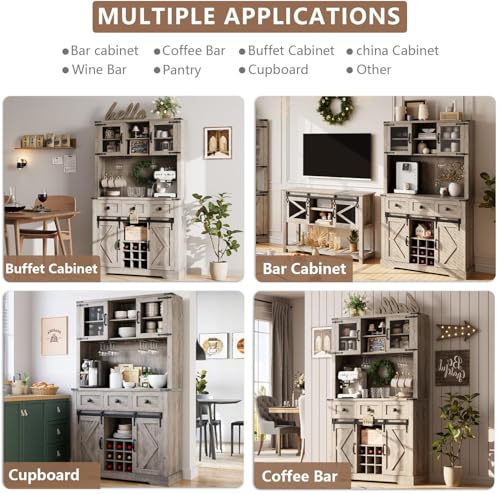 72" Farmhouse Bar Cabinet with Sliding Barn Door, Tall Kitchen Buffet with Storage Hutch and 3 Drawer, Rustic Coffee Wine Bar Sideboard with Wine & Glasses Rack, for Living Room, Washed Grey