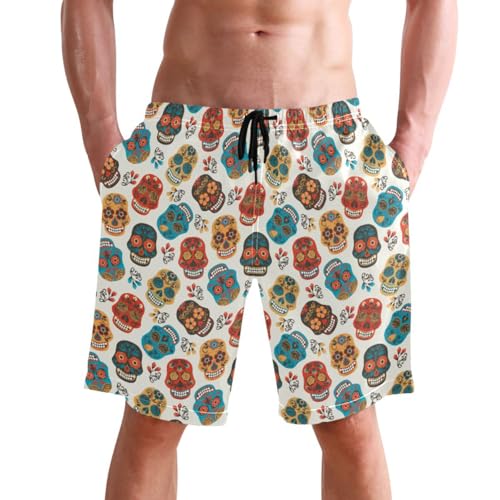 Laprad Men's Swim Trunks Quick Dry Beach Swimsuit Shorts Dia De Muertos Skull with Mesh Lining